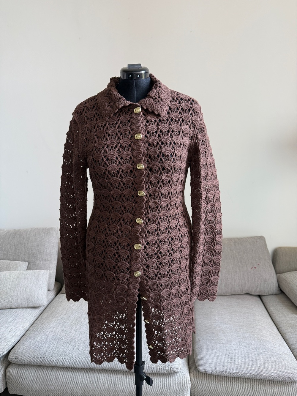 H&M Brown Crochet Knit Midi Dress Coat